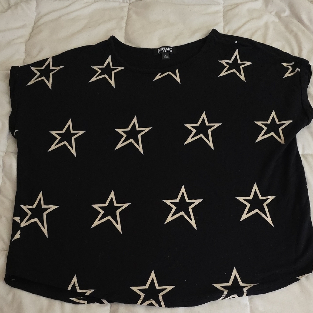 Buffalo David Bitton Black Boxy T-Shirt with Star Pattern Size L